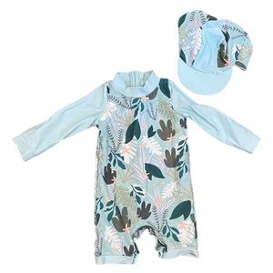 UMELOK Tropical Plants Rashguard Swimsuit with Sun Hat UPF50+ Size 12-18 Months